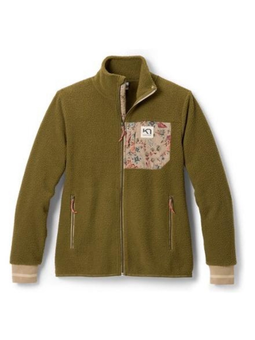 Kari Traa Olive Green Spruce Full-Zip Rothe Fleece Jacket with Floral Pocket XS